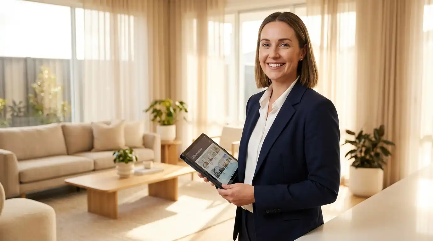 Real estate agent holding a listing presentation tablet in a staged modern living room