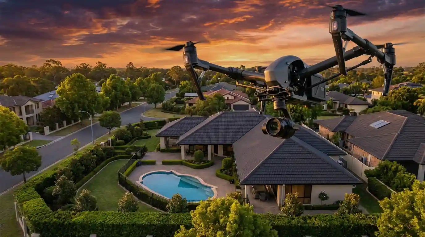 Professional drone capturing aerial footage of a residential property at golden hour