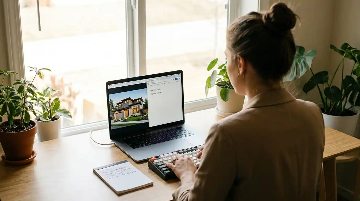 Real estate agent writing a property listing description using AI on a laptop, viewed from behind