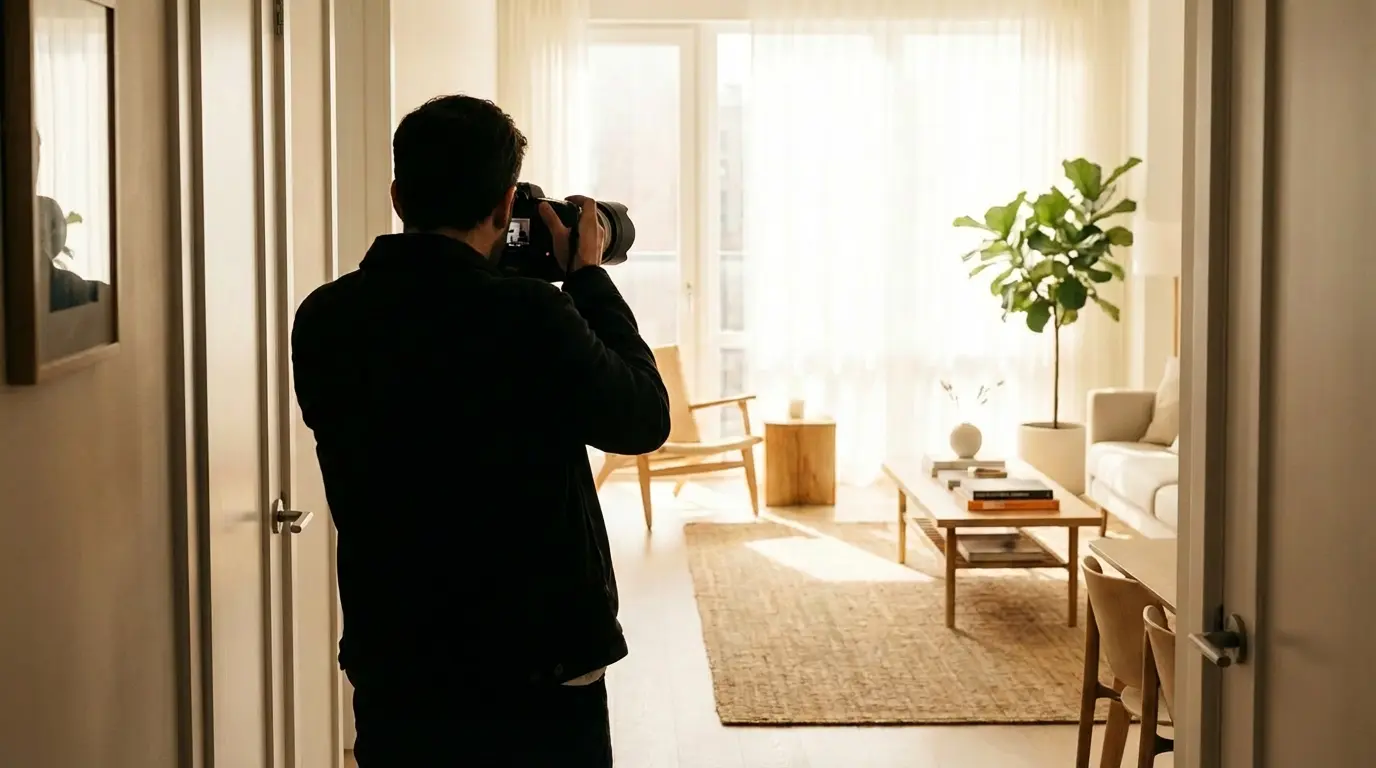 Professional real estate photographer framing a shot inside a bright staged living room