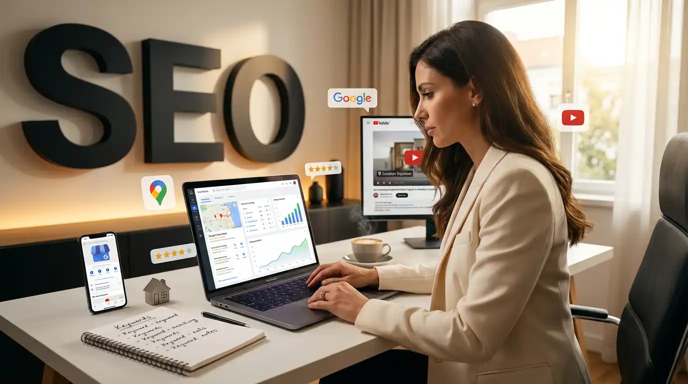 Real estate agent analyzing local SEO performance on a laptop with bold SEO typography on the wall behind her
