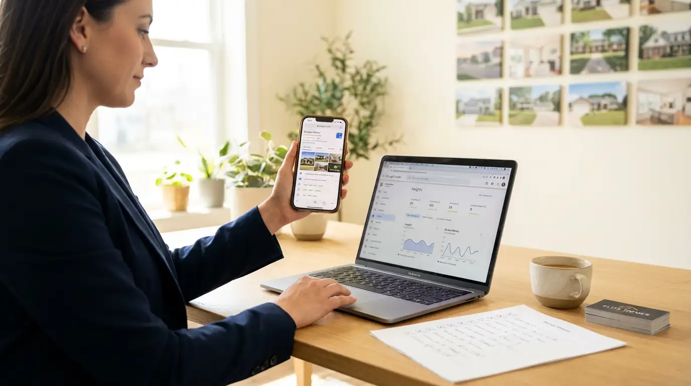 Real estate agent reviewing optimized Google Business Profile on smartphone and laptop with five-star reviews and property photos