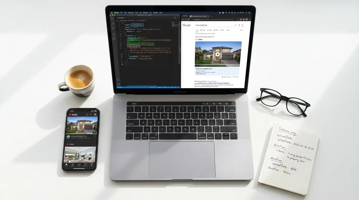 Laptop displaying video schema markup code with property tour video and Google rich snippet results for real estate SEO