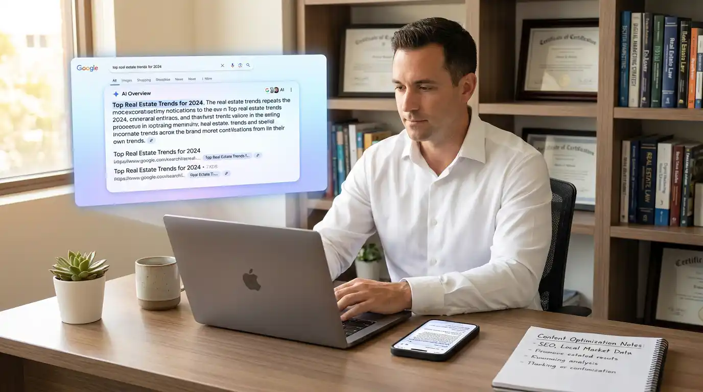 Real estate agent reviewing Google AI Overview search results on laptop and smartphone for local SEO optimization in 2026