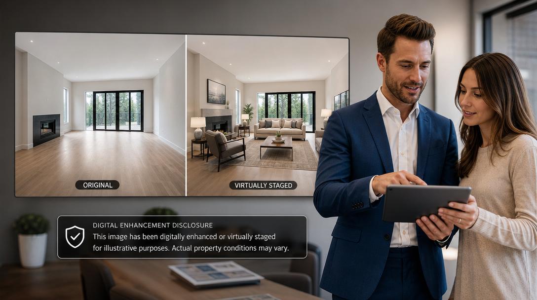 Comparison of an empty room and an AI virtually staged room with a disclosure notice about digitally enhanced real estate images.