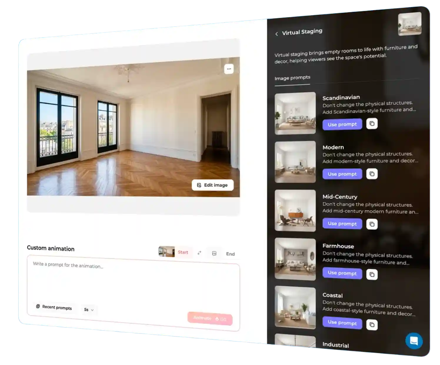 AI virtual staging inside Amplifiles creative mode