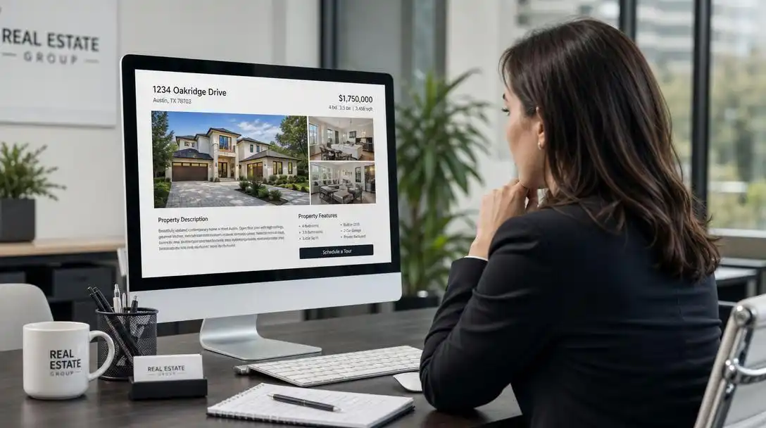 Real estate agent reviewing a property listing advertisement on a computer in a modern office.
