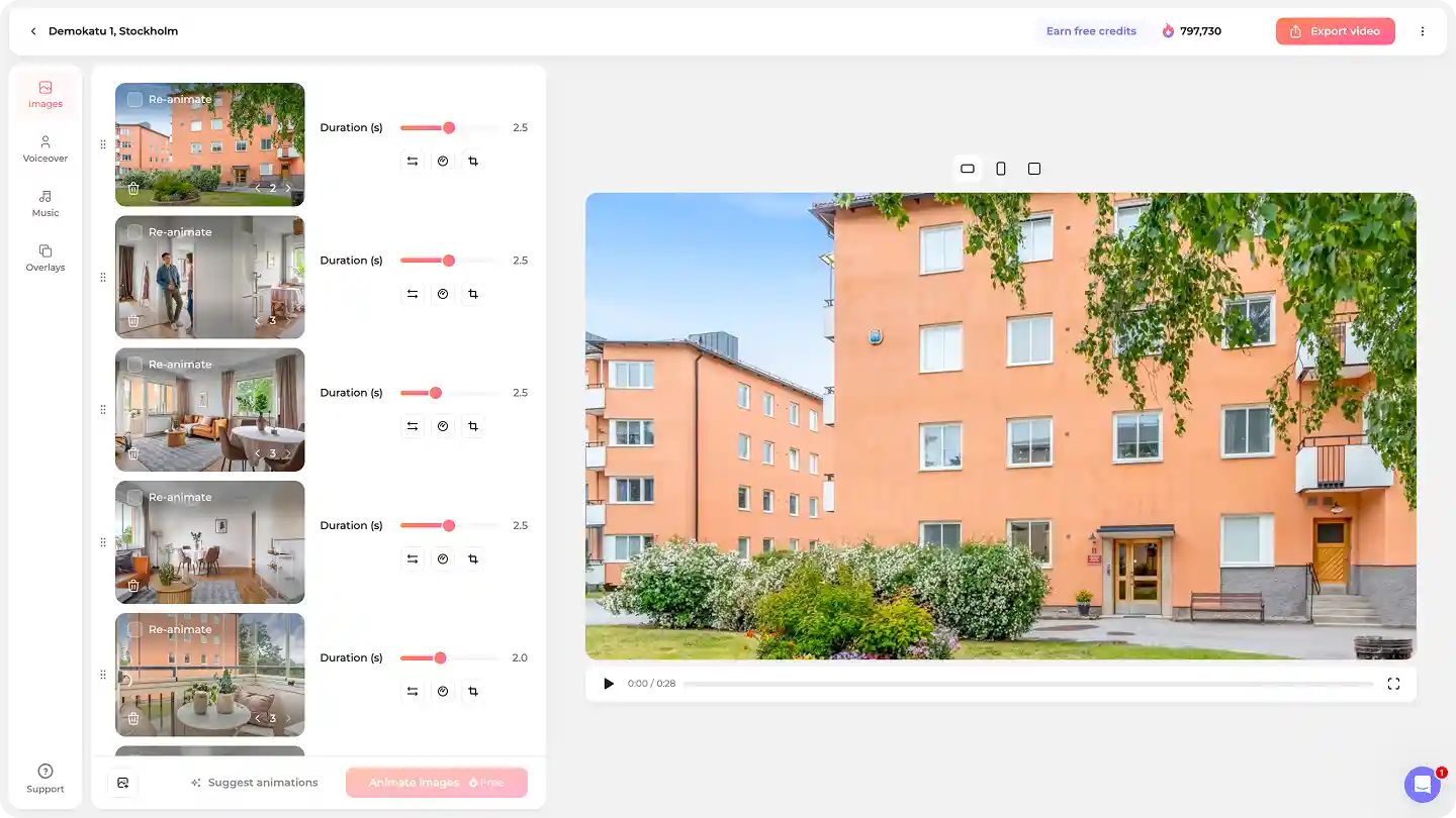  Amplifiles editor showing a real estate listing video in the real-time preview window