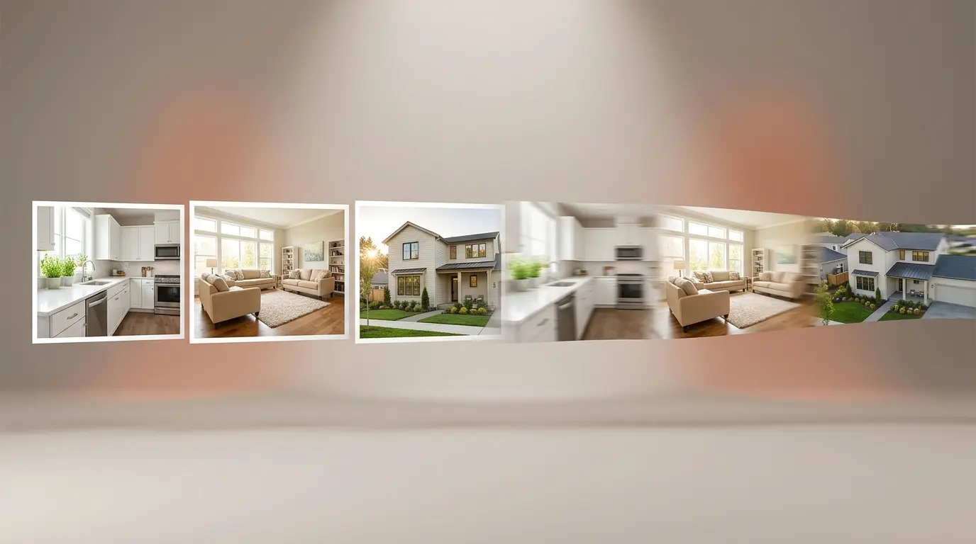 Real estate photos transforming into a flowing video stream, illustrating AI listing video creation