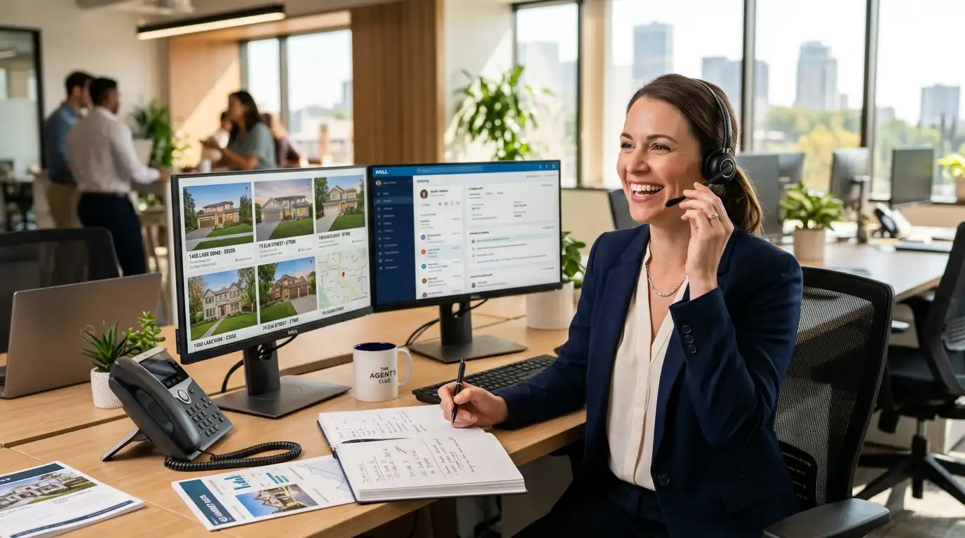 Real estate agent making prospecting calls to generate new property leads from a modern office.