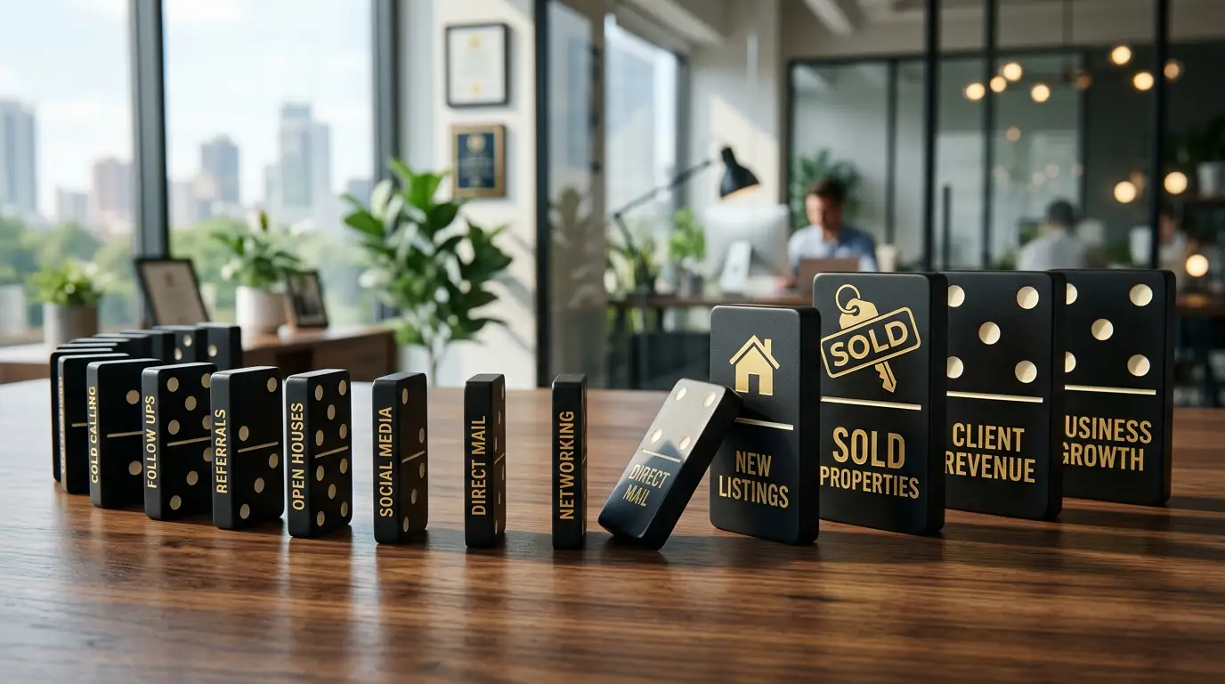 Dominoes representing real estate prospecting activities such as cold calling, referrals, follow ups, and marketing leading to new property listings and home sales.