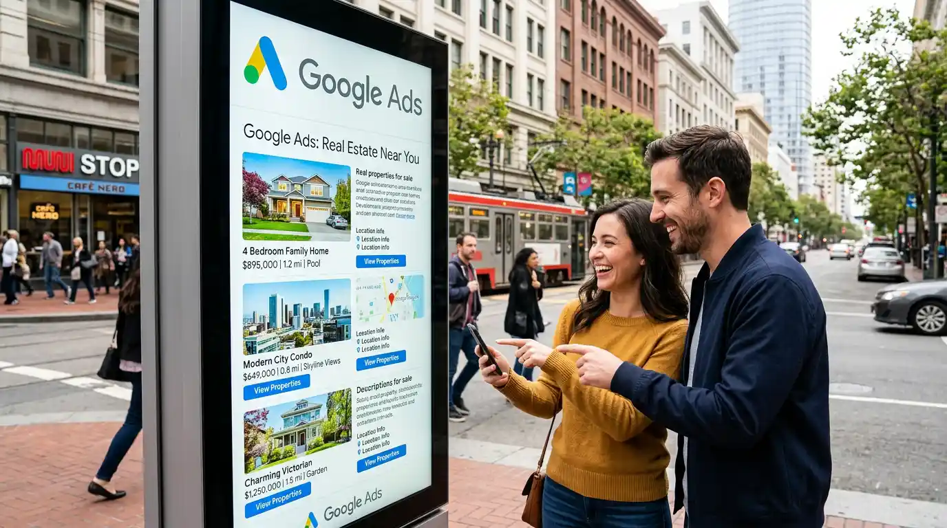 Couple watching billboard of real estate google ads.