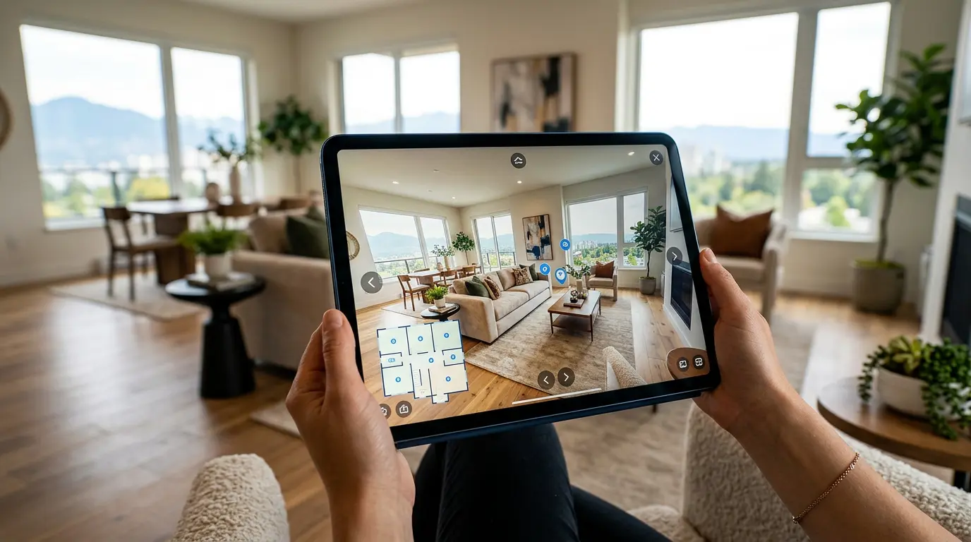 Zillow Showcase property listing displayed on a tablet featuring a home floor plan and interactive real estate marketing content