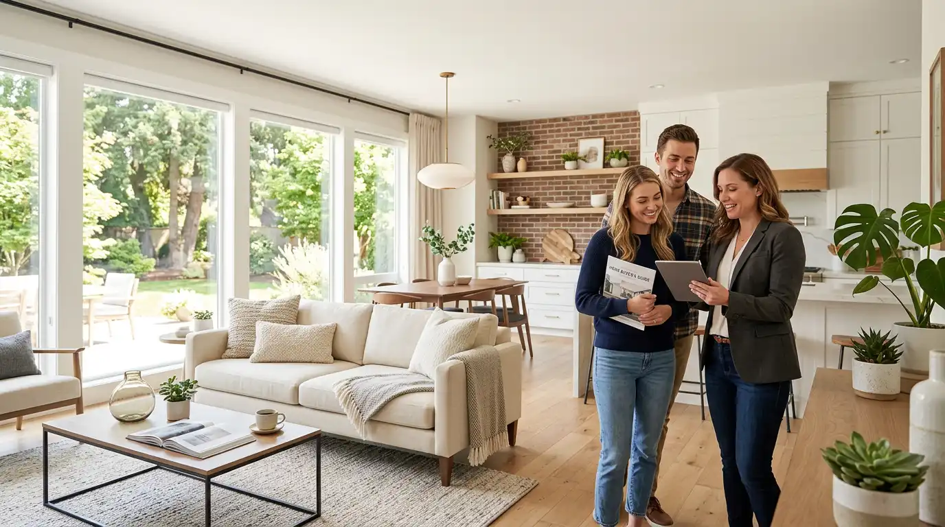 Real estate agent showing a property brochure to a couple during a home viewing