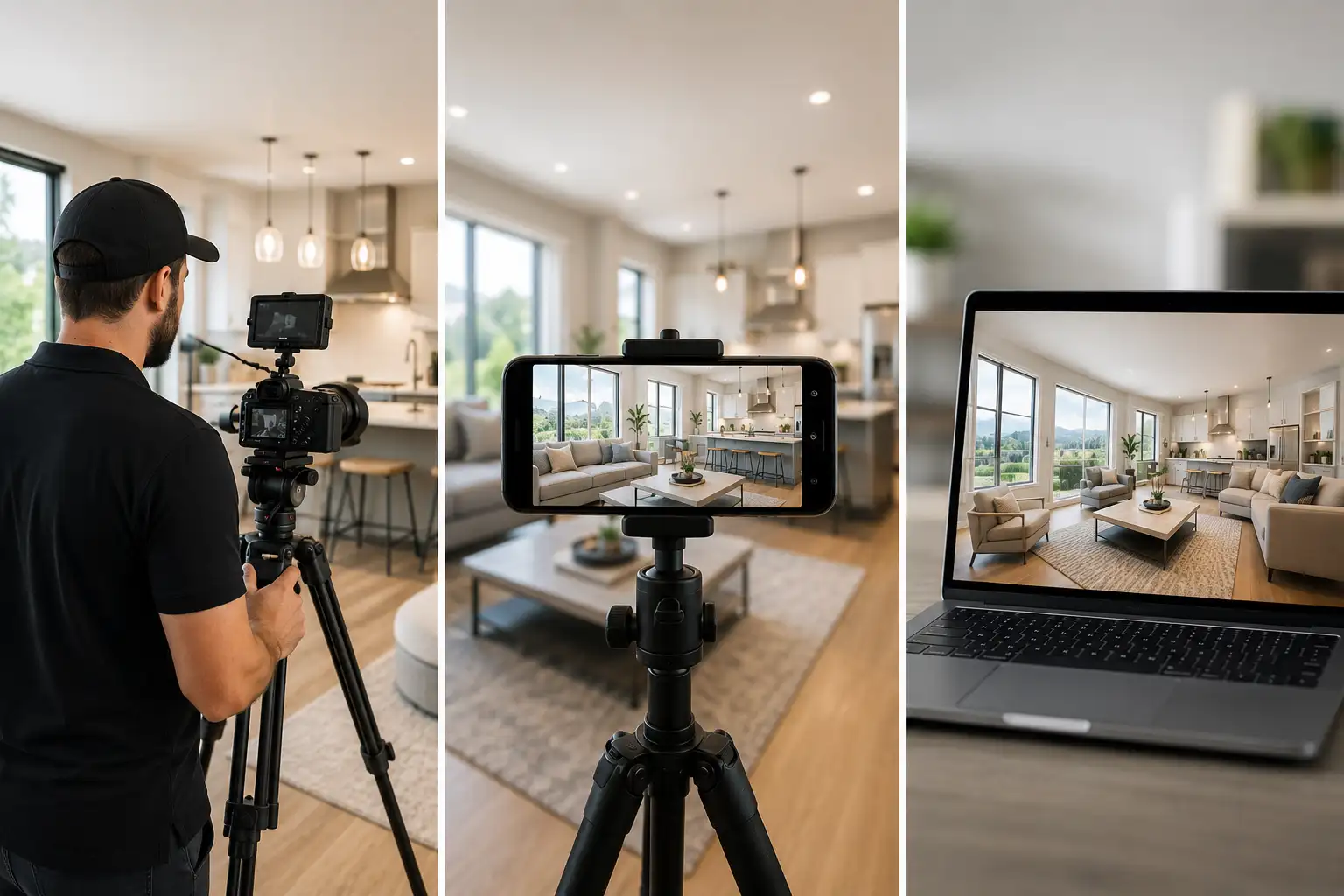 Comparison of three real estate video creation methods: a professional videographer filming a home, a DIY smartphone setup, and an AI-powered video editing workflow on a laptop.