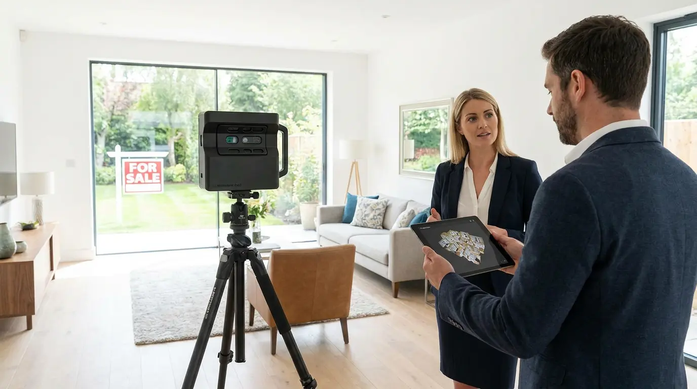 Matterport Pro3 camera on a tripod inside a modern home, illustrating Matterport pricing and 3D virtual tour services for real estate listings.