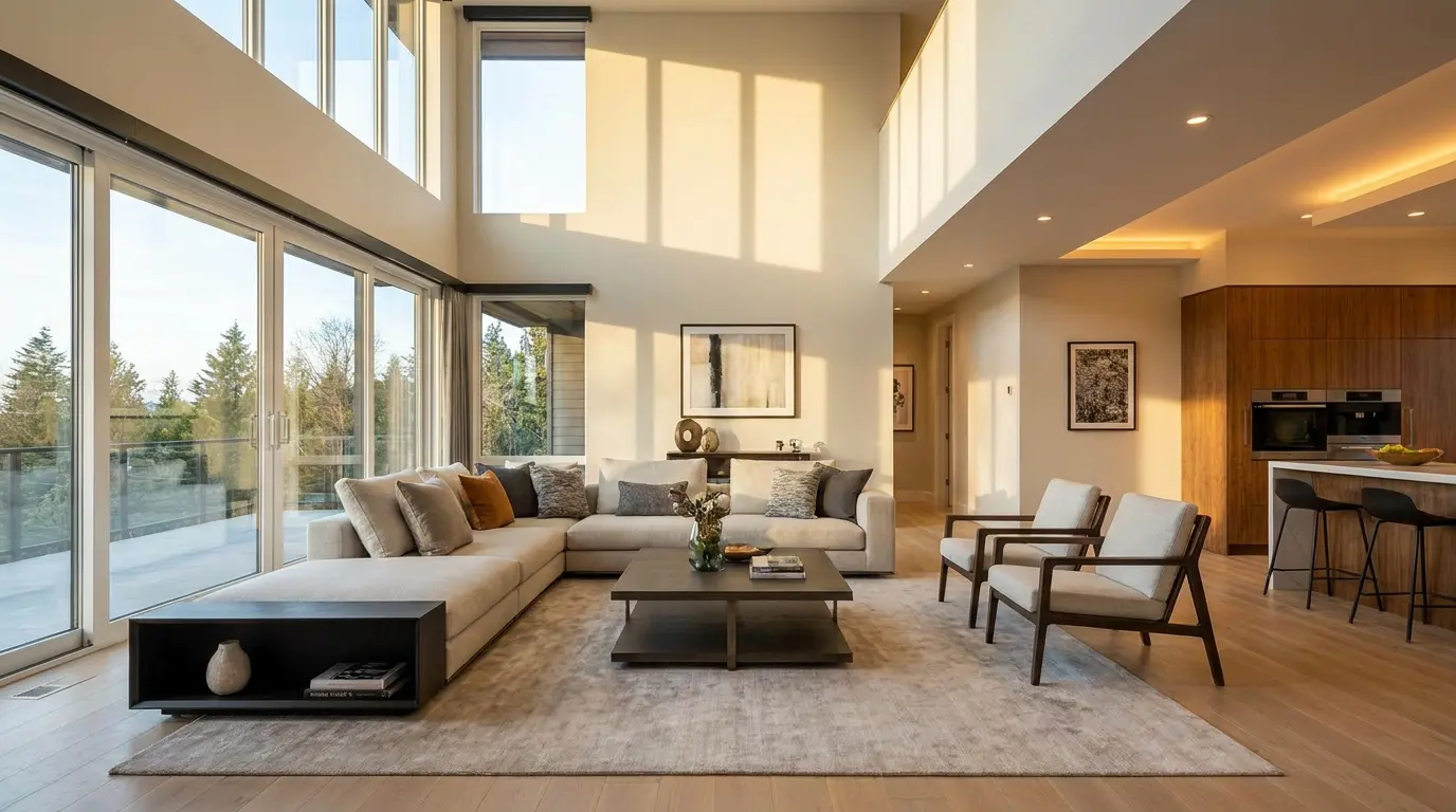 Modern living room photographed using the flambient real estate photography technique for bright, natural interior lighting.