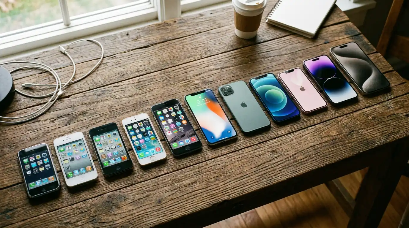 iPhone models from the 12 to the 17 Pro lined up for real estate photography comparison