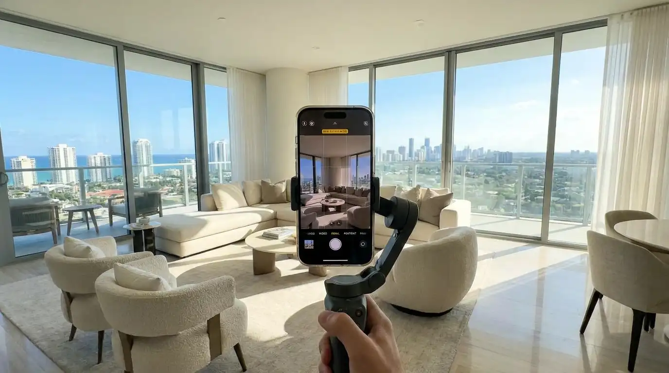 iPhone mounted on a tripod with the camera grid enabled to keep walls and door frames straight