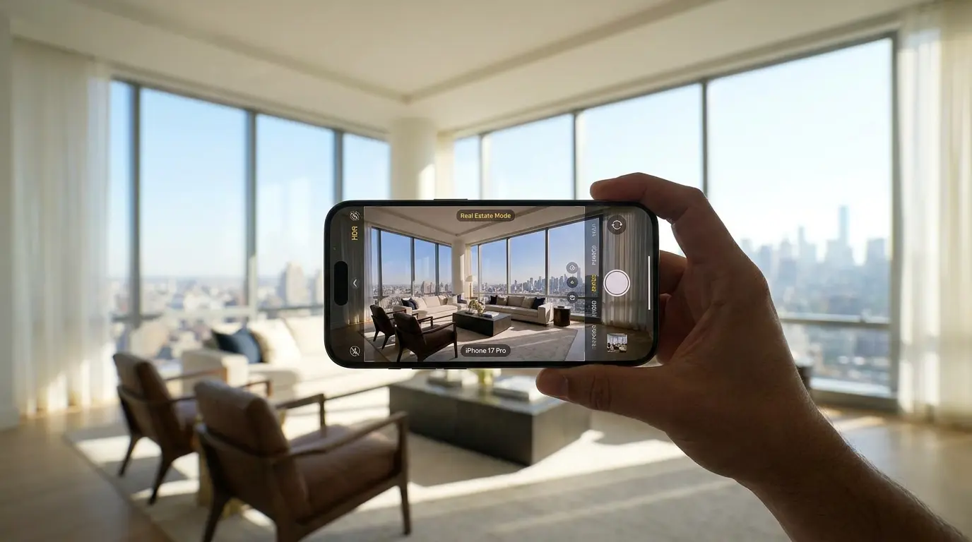Real estate agent using an iPhone to photograph a bright living room for an MLS listing