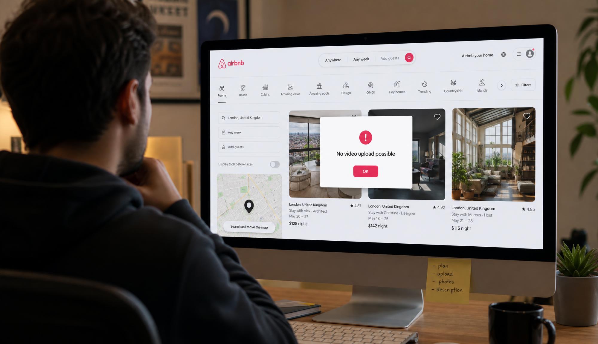 Airbnb listing page with a "No video upload possible" error, showing hosts can't add video to a listing