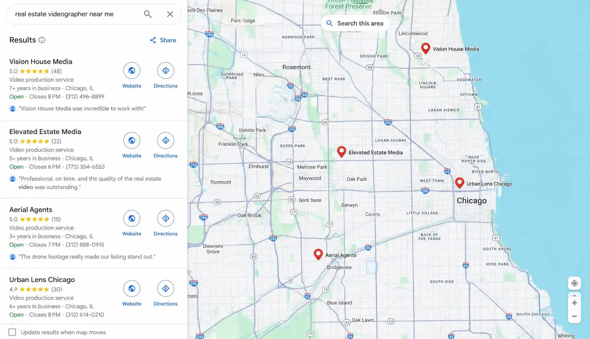 Real estate videographer near me search on Google
