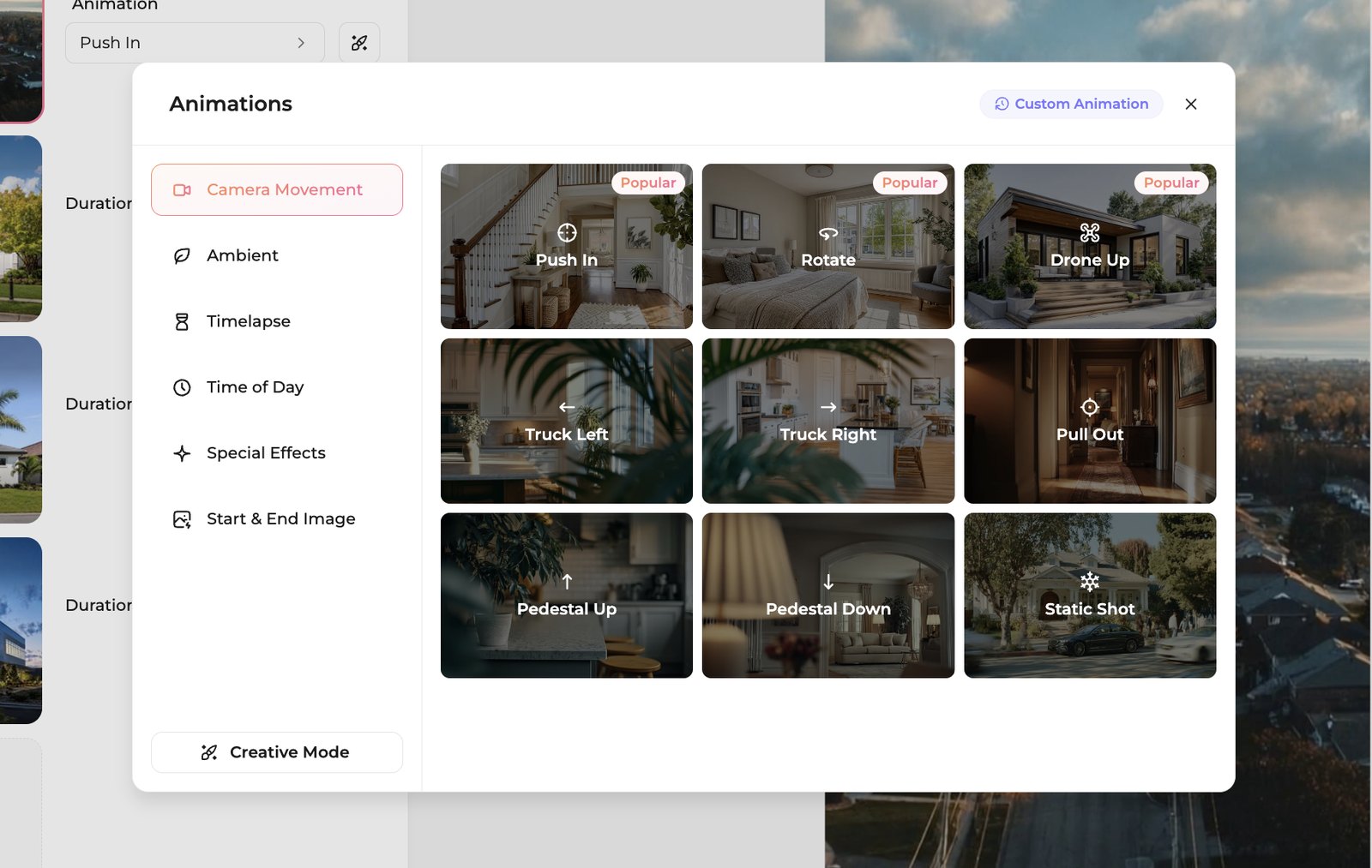 Amplifiles Animations picker showing nine camera movement effects and six effect categories