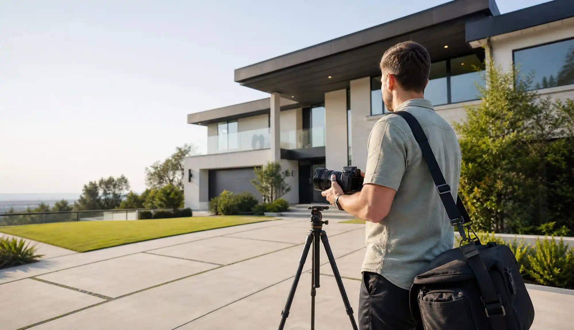 Real estate photographer preparing to photograph a modern home