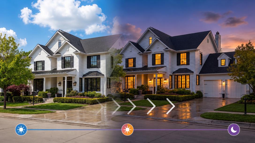 Virtual twilight transformation showing a home transitioning from day to twilight