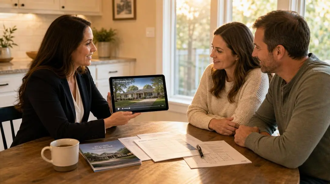 Real estate agent showing a listing video on a tablet to a couple at their kitchen table.