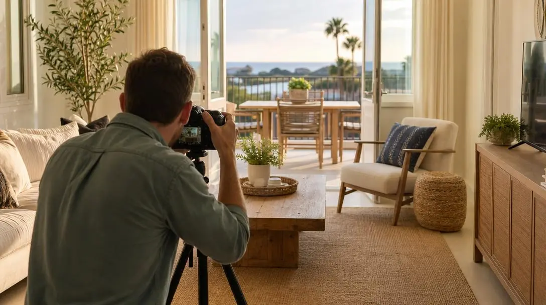 Real estate photographer shooting a bright, styled short-term rental living room.
