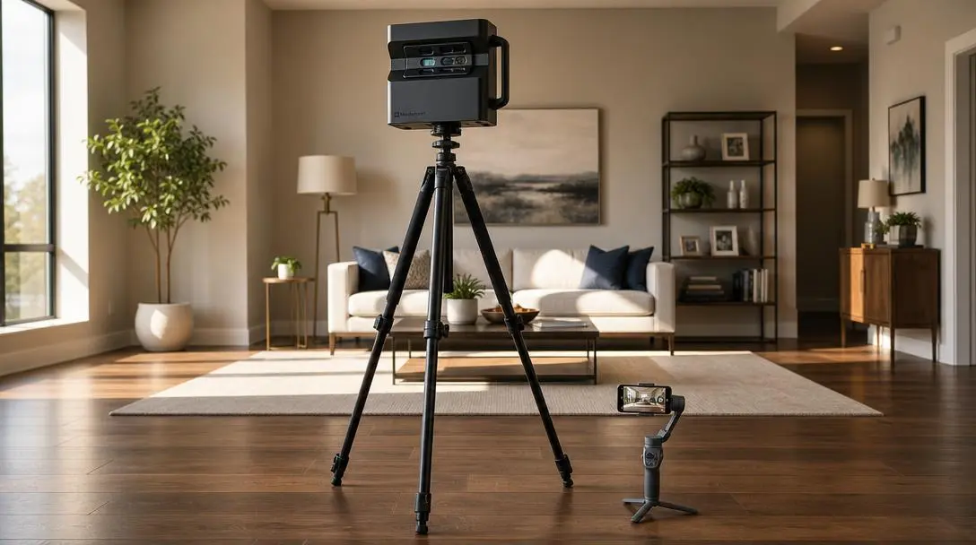 A 3D scanning camera on a tripod beside a smartphone gimbal in an empty staged living room.