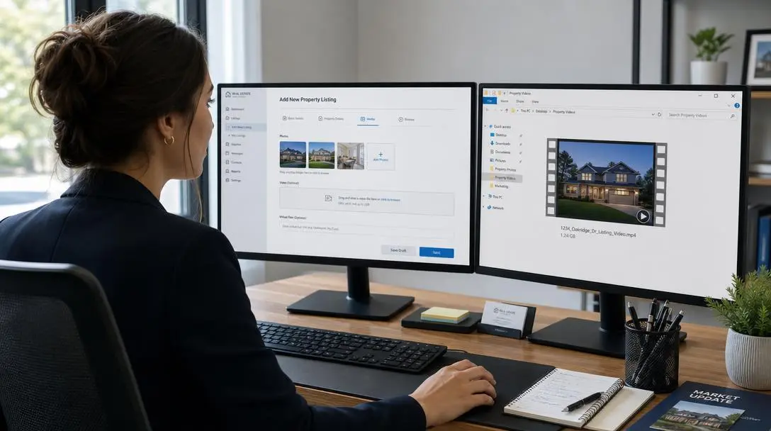 Real estate agent uploading a listing video to an MLS form on a two monitor workstation.