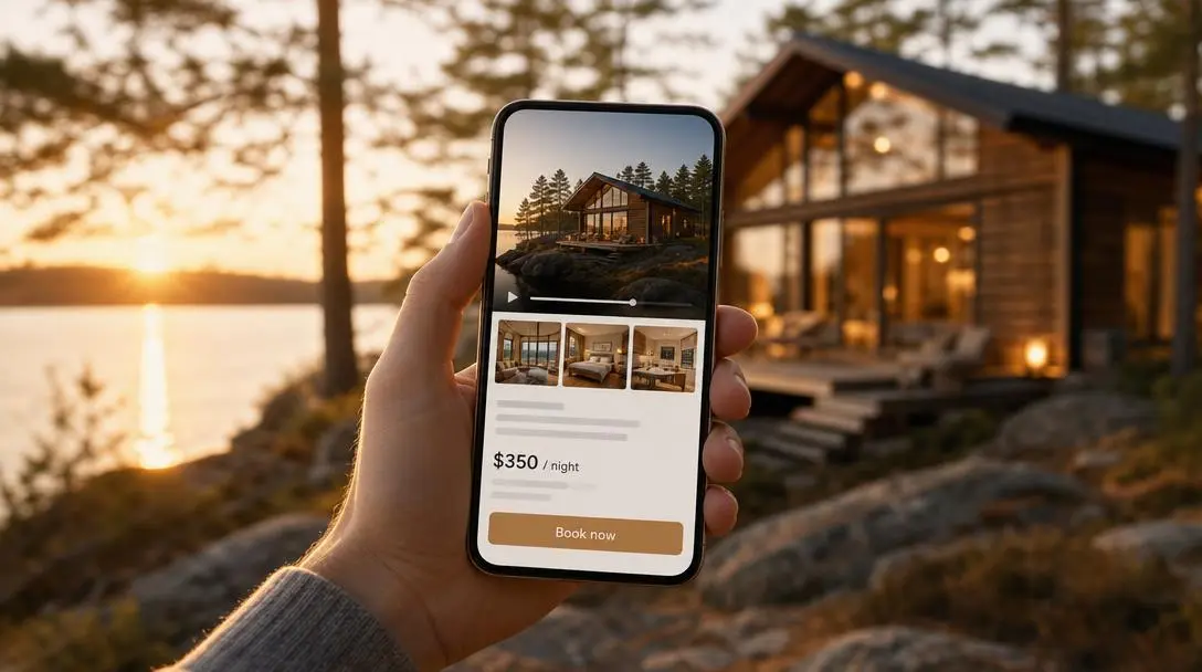 Smartphone showing a vacation rental listing with a video of a lakeside cabin, with the real cabin at sunset in the background