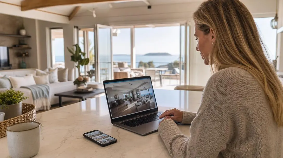 Vacation rental owner setting up a new property listing on a laptop at a kitchen island.