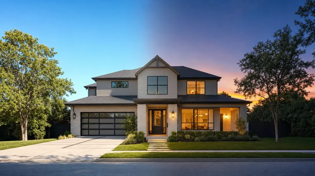 Same suburban home shown in daylight on the left and at twilight with glowing windows on the right, illustrating a day to night real estate video