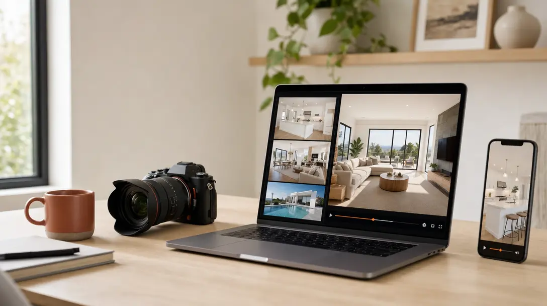 Real estate photographer's desk with a camera, a laptop turning listing photos into a video, and a phone showing the vertical version