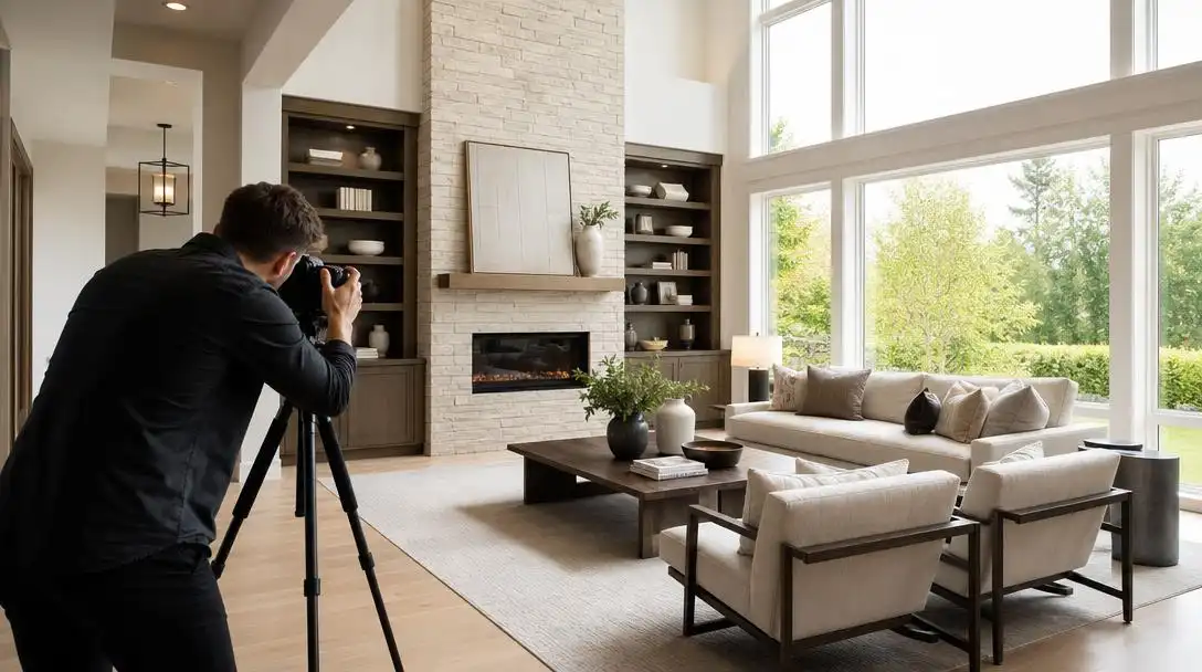 Professional real estate photographer using a DSLR camera on a tripod to photograph a bright, modern living room.