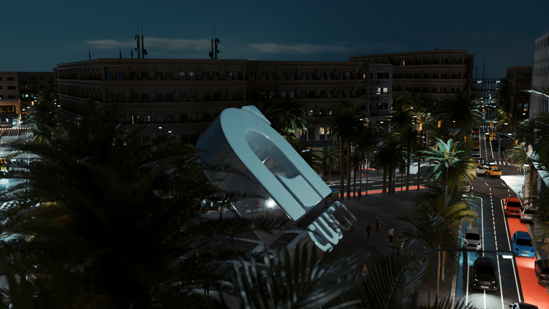 Composition d'une scene d'une ville en 3D avec le logo de la société CWCN sur la place