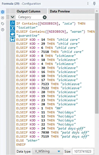 dane są kategoryzowane za pomocą if else w alteryx