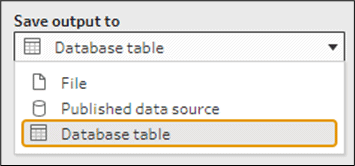 W kroku Output wybieramy Database table