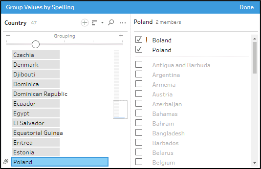 użycie grupowania według wymowy (Spelling)