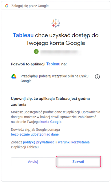 tableau chce uzyskac dostep do twojego konta google