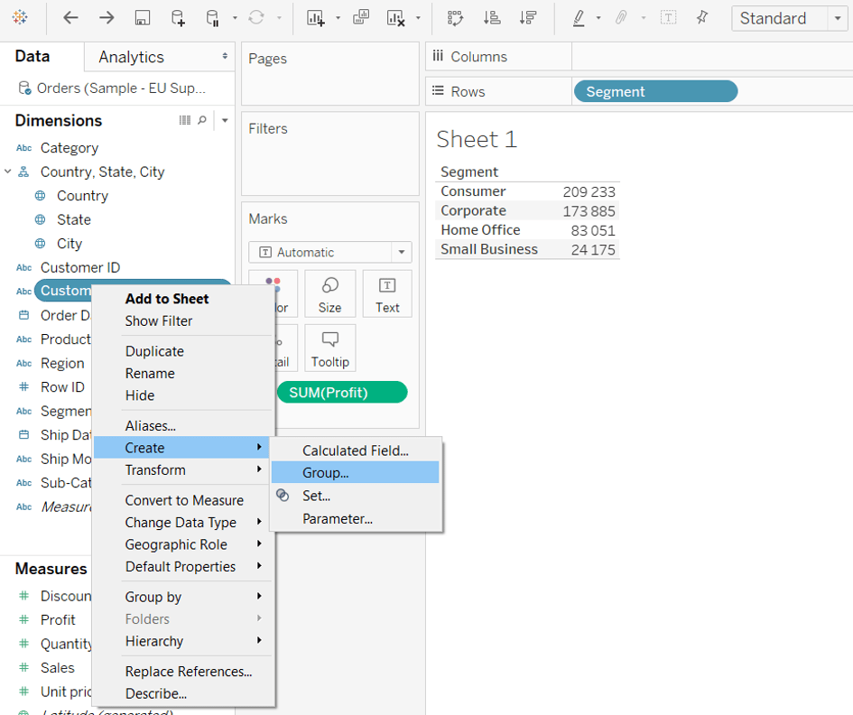 Grupowanie z panelu Data pane