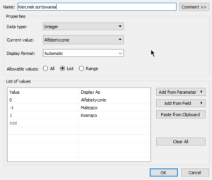 Parametr Kierunek sortowania w Tableau