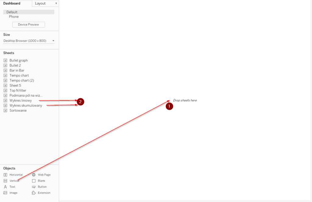 Odkładanie kontenera typu vertical w dashboardzie w Tableau