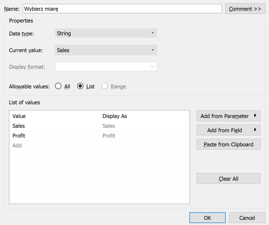 Parametry w Tableau