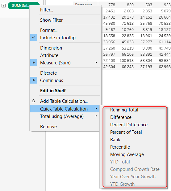 Quick Table Calculations