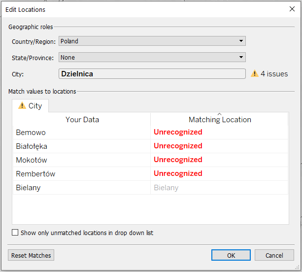 tableau - opcja edit locations