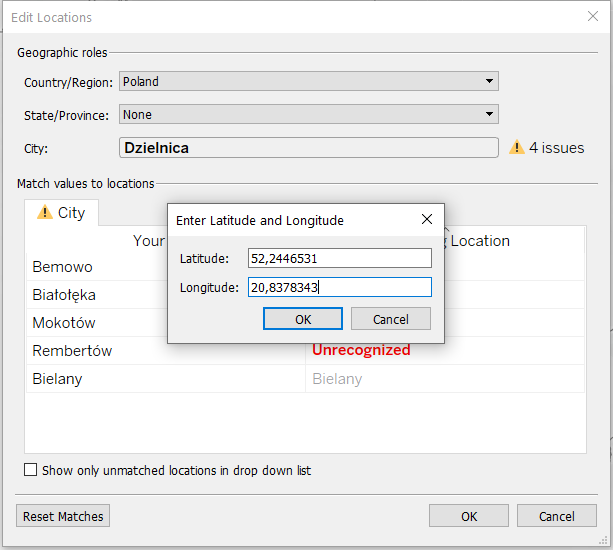 tableau - opcja edit locations, dodawanie współrzednych